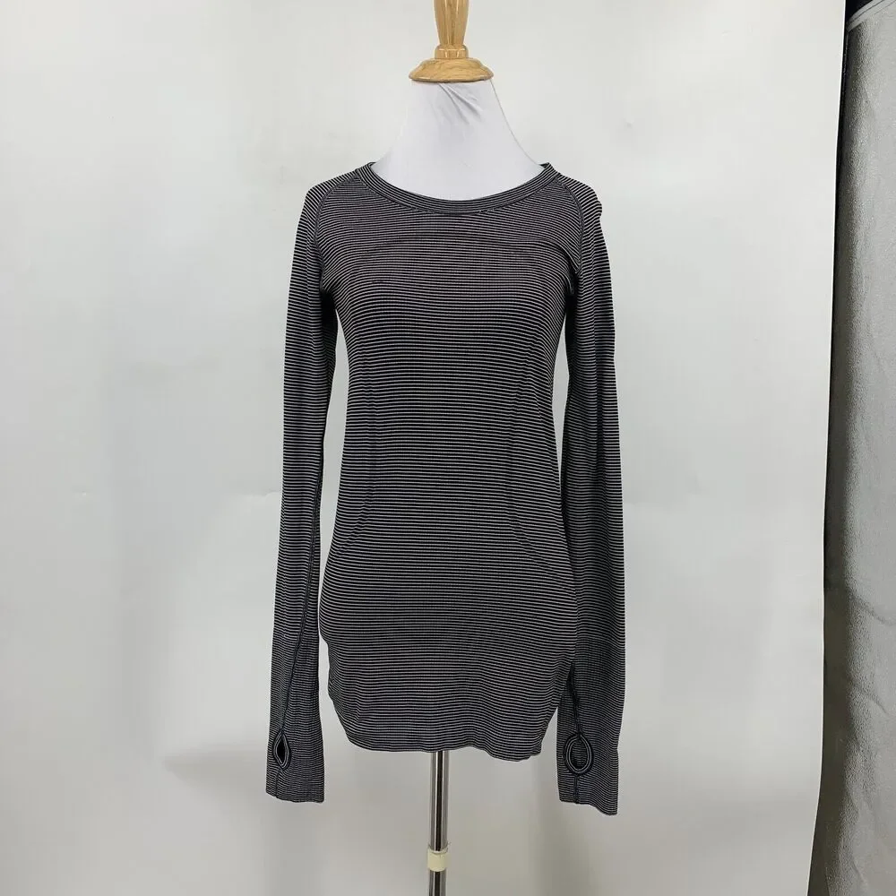 Lululemon Swiftly Tee Womens 6 Black White Stripe Long Sleeve Thumbholes Shirt